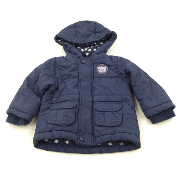 'All Aboard The Bus' Bears Navy Fleece Lined Coat with Hood - Boys 6-9 Months