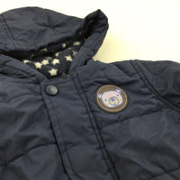 'All Aboard The Bus' Bears Navy Fleece Lined Coat with Hood - Boys 6-9 Months