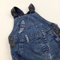 Aeroplane Appliqued Mid Blue Lined Denim Dungarees - Boys 9-12 Months