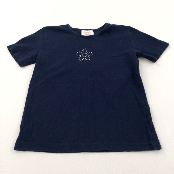 Diamonte Flower Navy T-Shirt - Girls 6-7 Years