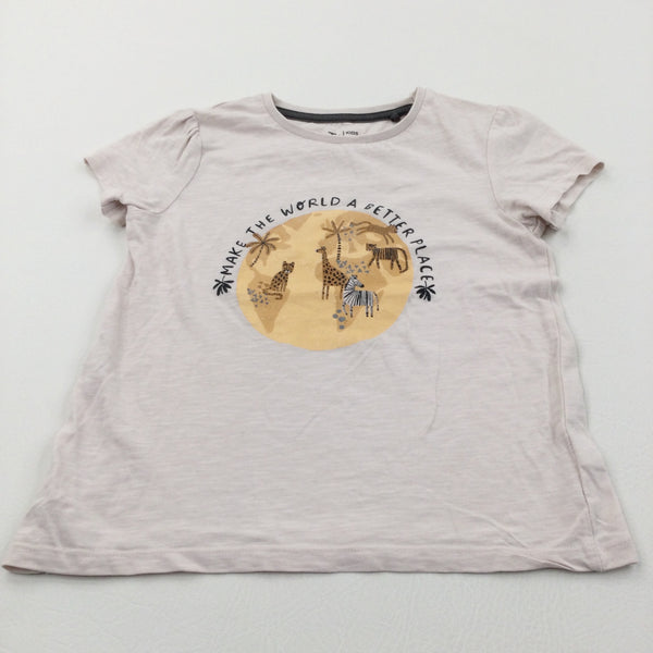 'Make The World A Better Place' Glittery Animals Cream T-Shirt - Girls 6-7 Years