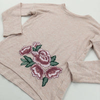 Flowers Embroidered Light Orange Long Sleeve Top - Girls 6-7 Years