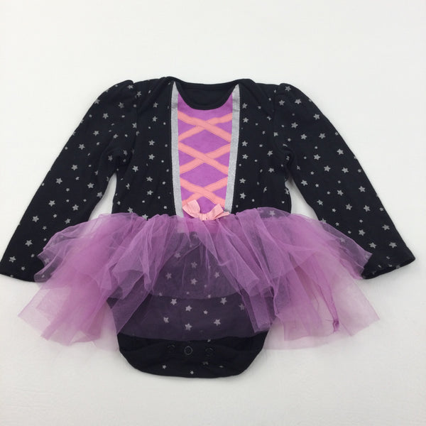 Stars Glittery Pink & Black Long Sleeve Bodysuit with Attached Net Skirt - Girls 9-12 Months