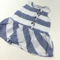 Blue & White Striped Cotton Sleeveless Dress - Girls 3-6 Months
