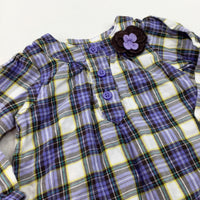 Flower Appliqued Purple, White & Yellow Checked Cotton Blouse - Girls 12 Months