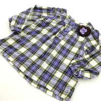 Flower Appliqued Purple, White & Yellow Checked Cotton Blouse - Girls 12 Months