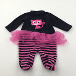 Cat Embroidered Pink & White Striped Velour Halloween Babygrow/Lightweight Pramsuit with Attached Net Skirt - Girls 0-3 Months