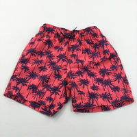 Palm Trees Navy & Neon Pink Swimming Shorts - Boys 7-8 Years