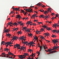 Palm Trees Navy & Neon Pink Swimming Shorts - Boys 7-8 Years