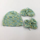 Blue, Green & Yellow Hat, Mitts & Booties Set - Boys 9-12 Months