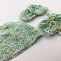 Blue, Green & Yellow Hat, Mitts & Booties Set - Boys 9-12 Months
