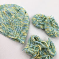 Blue, Green & Yellow Hat, Mitts & Booties Set - Boys 9-12 Months