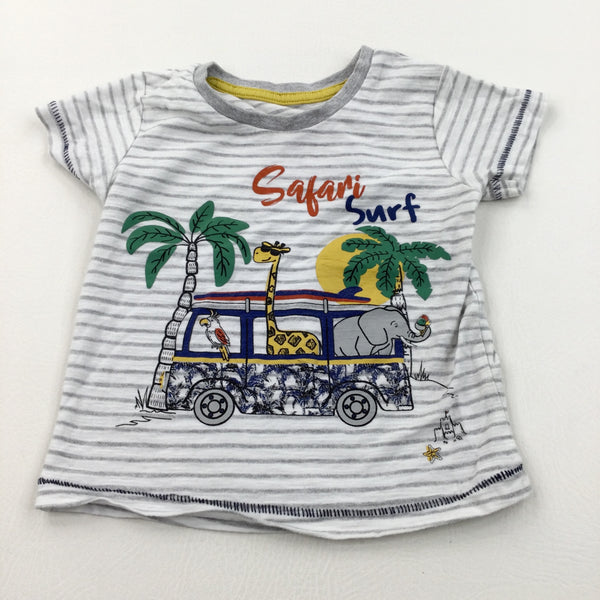'Safari Surf' Campervan & Animals Grey & White Striped T-Shirt - Boys 12-18 Months