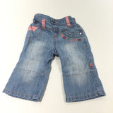 Flowers Embroidered Mid Blue Lightweight Denim Jeans - Girls 3-6 Months
