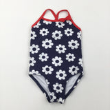 Flowers Navy & White Swimming Costume - Girls 9-12 Months