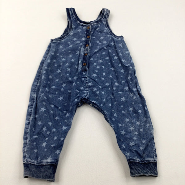 Stars Blue Denim Effect Cotton Jumpsuit - Girls 12-18 Months