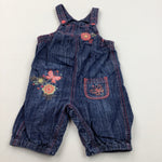 Flowers & Butterfly Embroidered Mid Blue Denim Dungarees - Girls 12-18 Months