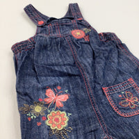 Flowers & Butterfly Embroidered Mid Blue Denim Dungarees - Girls 12-18 Months