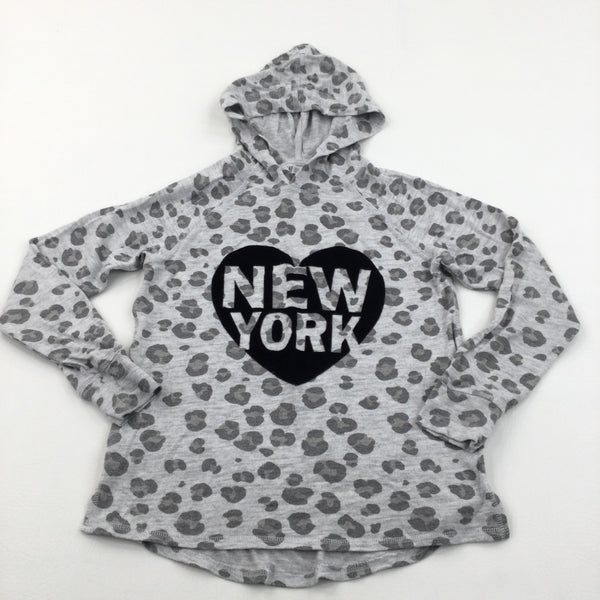 'New York' Heart Animal Print Grey Lightweight Hoodie Long Sleeve Top - Girls 8-10 Years