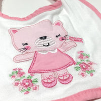 Cat Appliqued Pink & White Bib - Girls Newborn