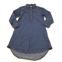 Dark Blue Denim Effect Cotton Shirt Dress - Girls 10 Years