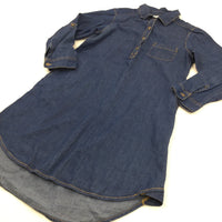 Dark Blue Denim Effect Cotton Shirt Dress - Girls 10 Years