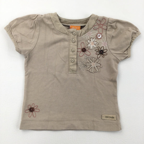 Flowers Applique Beige T-Shirt - Girls 12-18 Months
