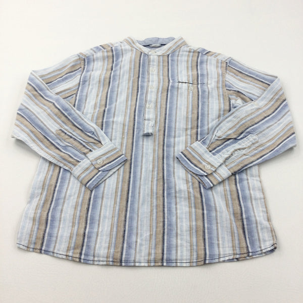 Blue, Light Brown & White Striped Collarless Cotton Shirt - Boys 9 Years