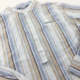 Blue, Light Brown & White Striped Collarless Cotton Shirt - Boys 9 Years