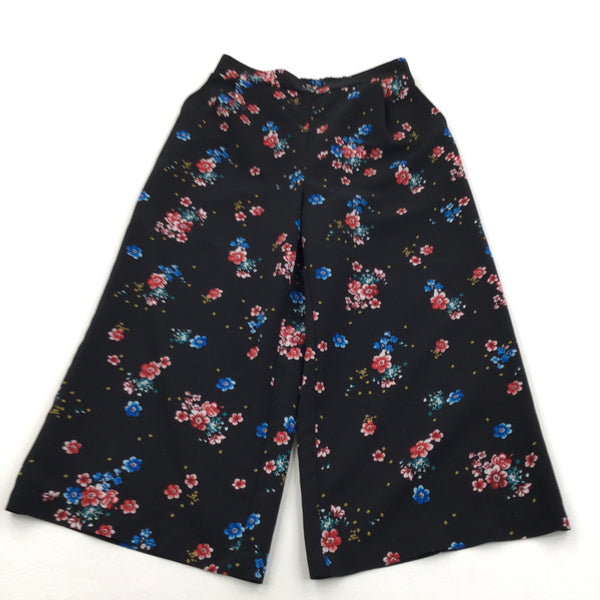 Colourful Flowers Black Polyester Wide Leg Trousers - Girls 10-11 Years