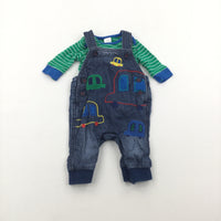 Cars Embroiered Lined Lightweight Denim Dungarees & Green & Blue Long Sleeve Bodysuit Set - Boys Newborn