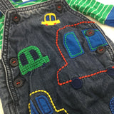 Cars Embroiered Lined Lightweight Denim Dungarees & Green & Blue Long Sleeve Bodysuit Set - Boys Newborn