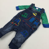 Cars Embroiered Lined Lightweight Denim Dungarees & Green & Blue Long Sleeve Bodysuit Set - Boys Newborn