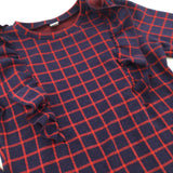 Frill Detail Navy & Red Check Long Sleeve Dress - Girls 10 Years