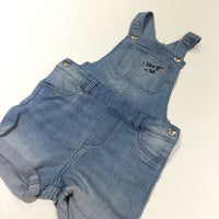 'I Love You A Lot' Embroidered Heart Light Blue Denim Short Dungarees - Girls 12-18 Months