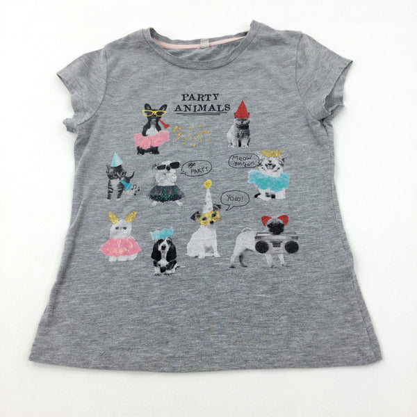 'Party Animals' Colourful Animals Glittery Grey T-Shirt - Girls 6-7 Years