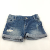 Mid Blue Distressed Denim Shorts with Adjusable Waistband - Girls 7-8 Years