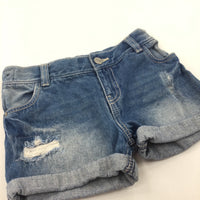 Mid Blue Distressed Denim Shorts with Adjusable Waistband - Girls 7-8 Years