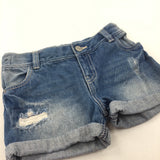 Mid Blue Distressed Denim Shorts with Adjusable Waistband - Girls 7-8 Years