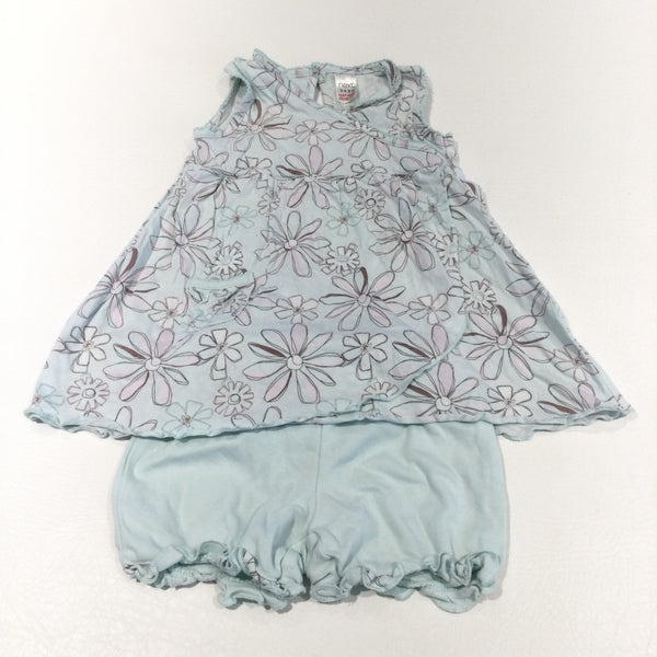 Flowers Pale Blue Jersey Sleeveless Dress & Matching Shorts Set - Girls 6-9 Months