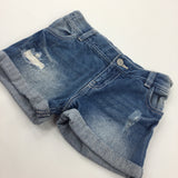 Mid Blue Distressed Denim Shorts with Adjusable Waistband - Girls 7-8 Years