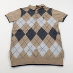 Stag Motif Argyle Checked Brown & Grey Knitted Warm Polo Shirt - Boys 12 Years
