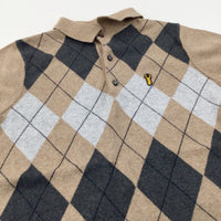 Stag Motif Argyle Checked Brown & Grey Knitted Warm Polo Shirt - Boys 12 Years