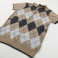 Stag Motif Argyle Checked Brown & Grey Knitted Warm Polo Shirt - Boys 12 Years