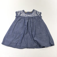 Flowers Embroidered White & Blue Cotton Sun Dress - Girls 3-6 Months