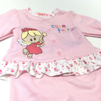 Cute Fairy' Embroidered Pink Jersey Coat & Enclosed Feet Trousers Set - Girls Newborn