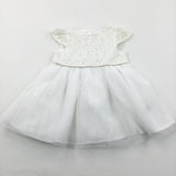 Flowers Lacey & Net Overlay White Party/Christening Dress - Girls 6-9 Months