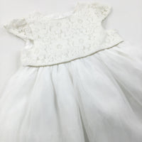 Flowers Lacey & Net Overlay White Party/Christening Dress - Girls 6-9 Months