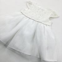 Flowers Lacey & Net Overlay White Party/Christening Dress - Girls 6-9 Months