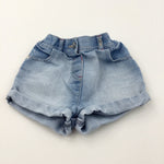 Hearts Embroidered Light Blue Denim Shorts with Adjustable Waistband - Girls 2-3 Years